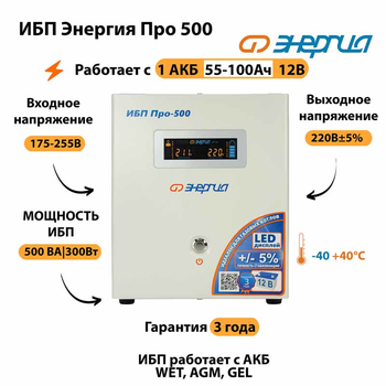 Энергия ИБП Про 500 12В - ИБП и АКБ - ИБП для котлов - Магазин электрооборудования Проф-Электрик