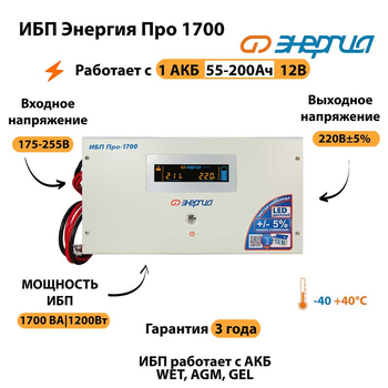 Энергия ИБП Про 1700 12В - ИБП и АКБ - ИБП для котлов - Магазин электрооборудования Проф-Электрик